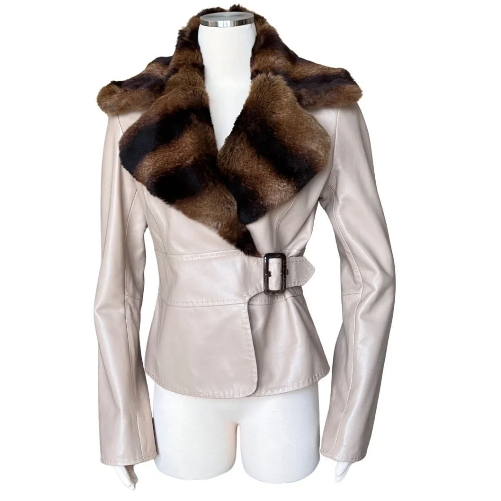 Cache Tan Leather Fitted Jacket W/Removable Fur Collar Size 10 NWT Rare Find!! - Picture 2 of 11